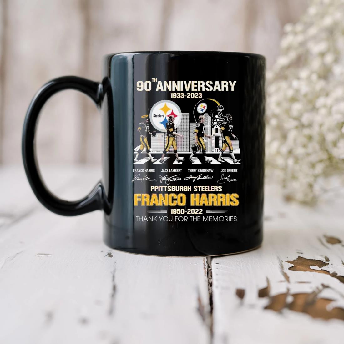 90th Anniversary 1933-2023 Pittsburgh Steelers Franco Harris 1950-2022 Thank You For The Memories Signatures Mug biu