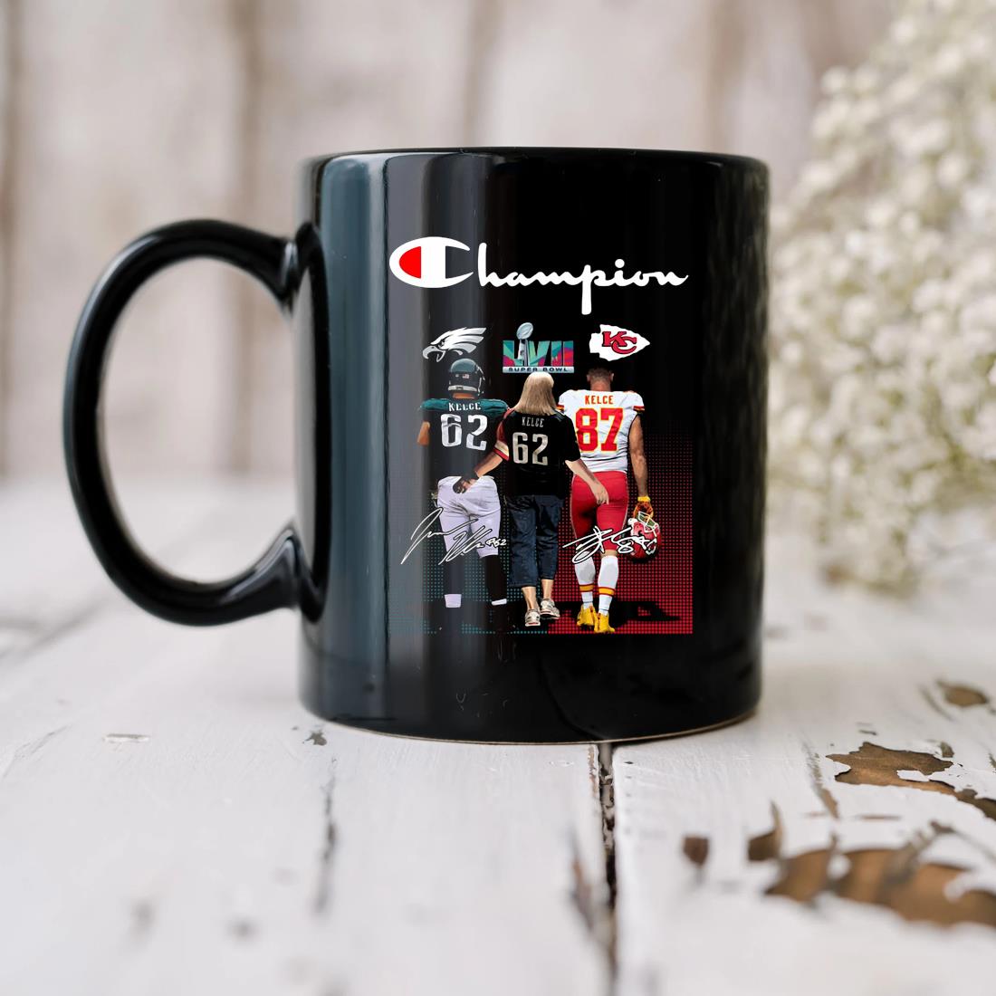 Travis Kelce And Jason Kelce Champion Lvii Super Bowl My Mom Can't Lose Signatures Mug
